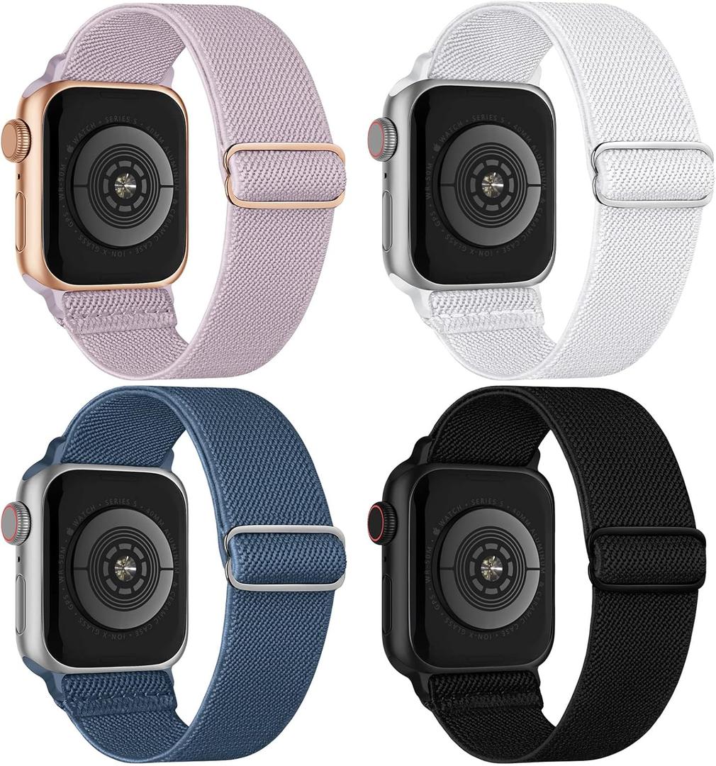 4 Pack Stretchy Solo Loop Compatible with Apple Watch Band 38mm 40mm 41mm 42mm 44mm 45mm 46mm 49mm Women Men, Sport Nylon Elastic Straps Braided Wristbands for iWatch Series 10 9 8 7 6 5 4 3 Ultra SE (Black/White/LavenderGrey/Blue)