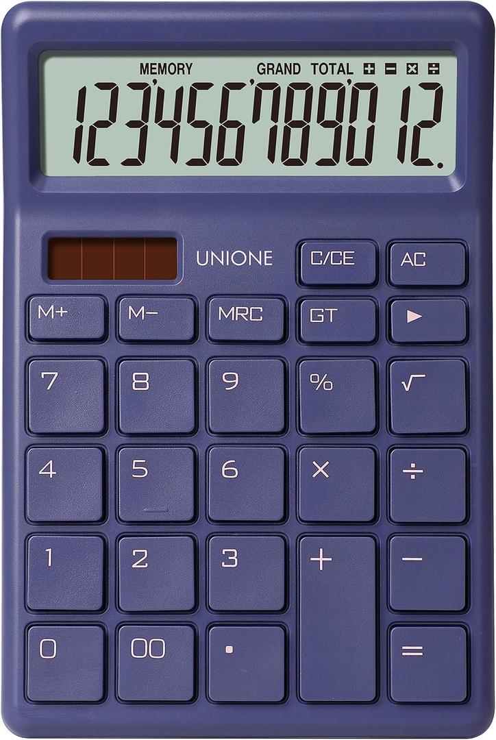 UNIONE Desktop Navy Calculator with a Bright LCD, Dual Power Handheld Desktop. Color. Business, Office, High School, 46 inch