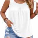 Beautife Women Plus Size Sleeveless Tank Tops Loose Fit Smocked Crew Neck Summer Casual Curved Hem Tunic Tees White (White)