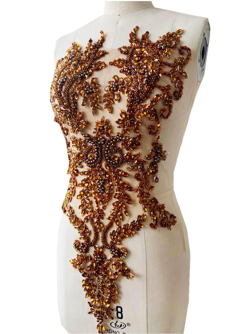 Handmade Bodice Rhinestones Applique Sewing Glass Beads Stones Crystal Trim Lace Patches for Dress Clothing Accessories 23X14 inches (Brown)