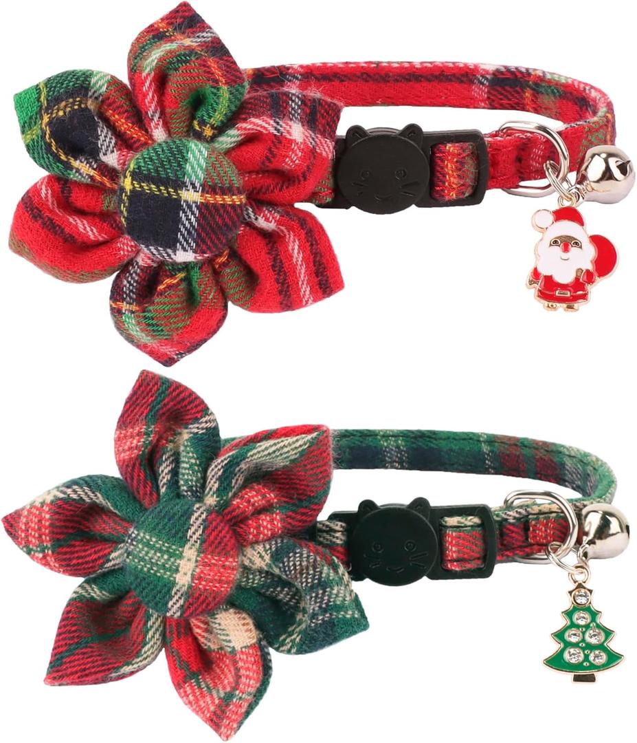 ADOGGYGO Christmas Cat Collar with Floral, 2 Pack Xmas Kitten Flower Collar, Red Green Plaid Christmas Collars for Cat Kitten (7.5"- 10.5")