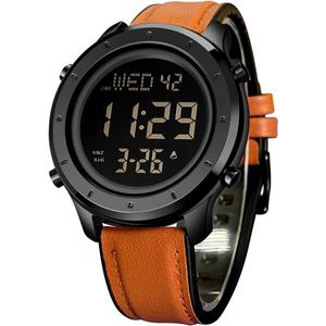 Mens Leather Watch for Men Digital Watch Men's Wrist Watches LED Minimalist Stainless Steel Waterproof Stopwatch (Brown)