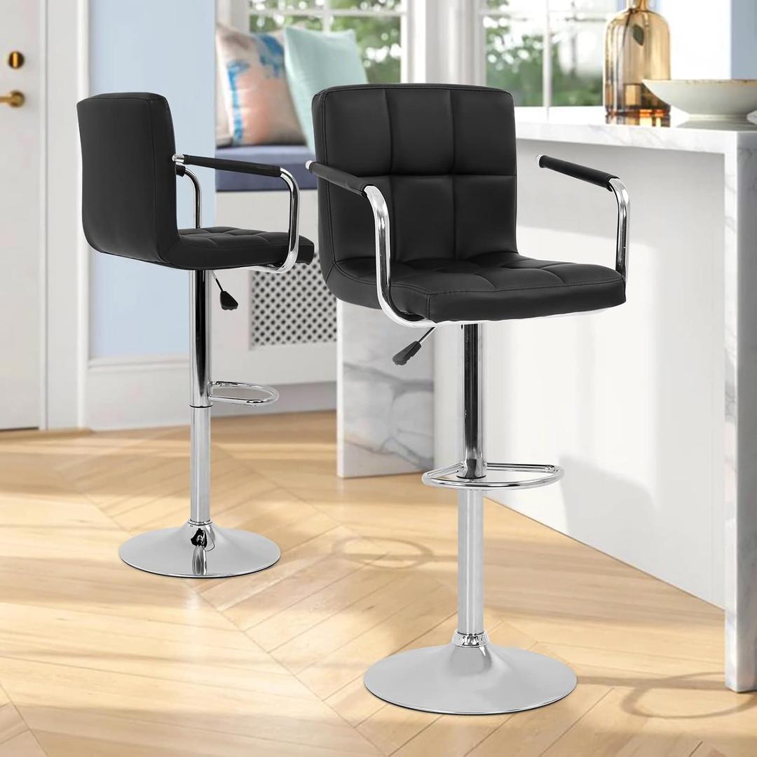Modern Square Bar Stool with Armrest Height Adjustable Hydraulic Counter Bar Stools 360 Degree Swivel PU Leather Bar Chairs L Shape Thicken Cushion Back Home Kitchen Island Barstools Set of 2, Black