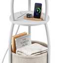 Round Side Table, 3-Tier End Table with Power Outlets, Small Table with Storage Basket, Coffee Table Sofa Side Table for Small Spaces, Nightstand for Living Room Bedroom, 11.81in, Matte White, 11.81" Dia with Power Strip