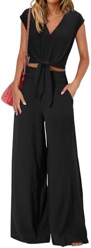 PRETTYGARDEN Women's Summer 2 Piece Outfits 2025 Cap Sleeve V Neck Belted Crop Tops Wide Leg Pant Sets Casual Tracksuit, size M