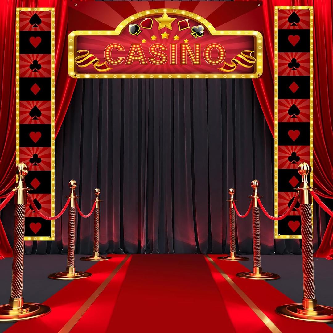 Peryiter 5' x 2' Casino Night Party Entryway Decorations Casino Hanging Banner Poker Welcome Porch Sign Red Carpet for Las Vegas Game Themed Birthday Party Supplies Photo Background, May Vary