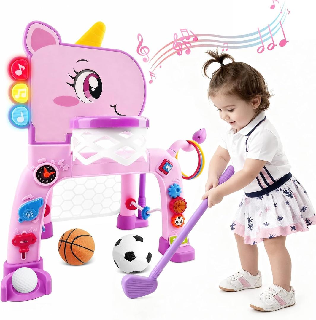Toddler Basketball Hoop & Soccer Goal Activity Center with Golf Ring Toss, 4 in 1 Toddler Sport Toy with Light & Bilingual Music, Montessori Toy for 1 Year Old Girl Gift (24.2''-27.6'' H)