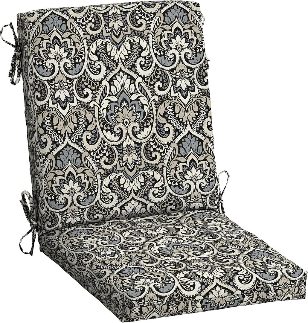 Arden Outdoor Patio Dining Chair Cushion, 20x44, Rain-Proof Seat Pad, Fade-Resistant Outdoor Cushion Black Aurora Damask (1 Pack)