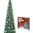 SINTENILL 5 FT Pop Up Christmas Tree with Timer Lights and Decorations, Green Tinsel Artificial Christmas Tree with 24 Balls Ornaments, Collapsible Pencil Tree for Xmas Home Office Party Decor