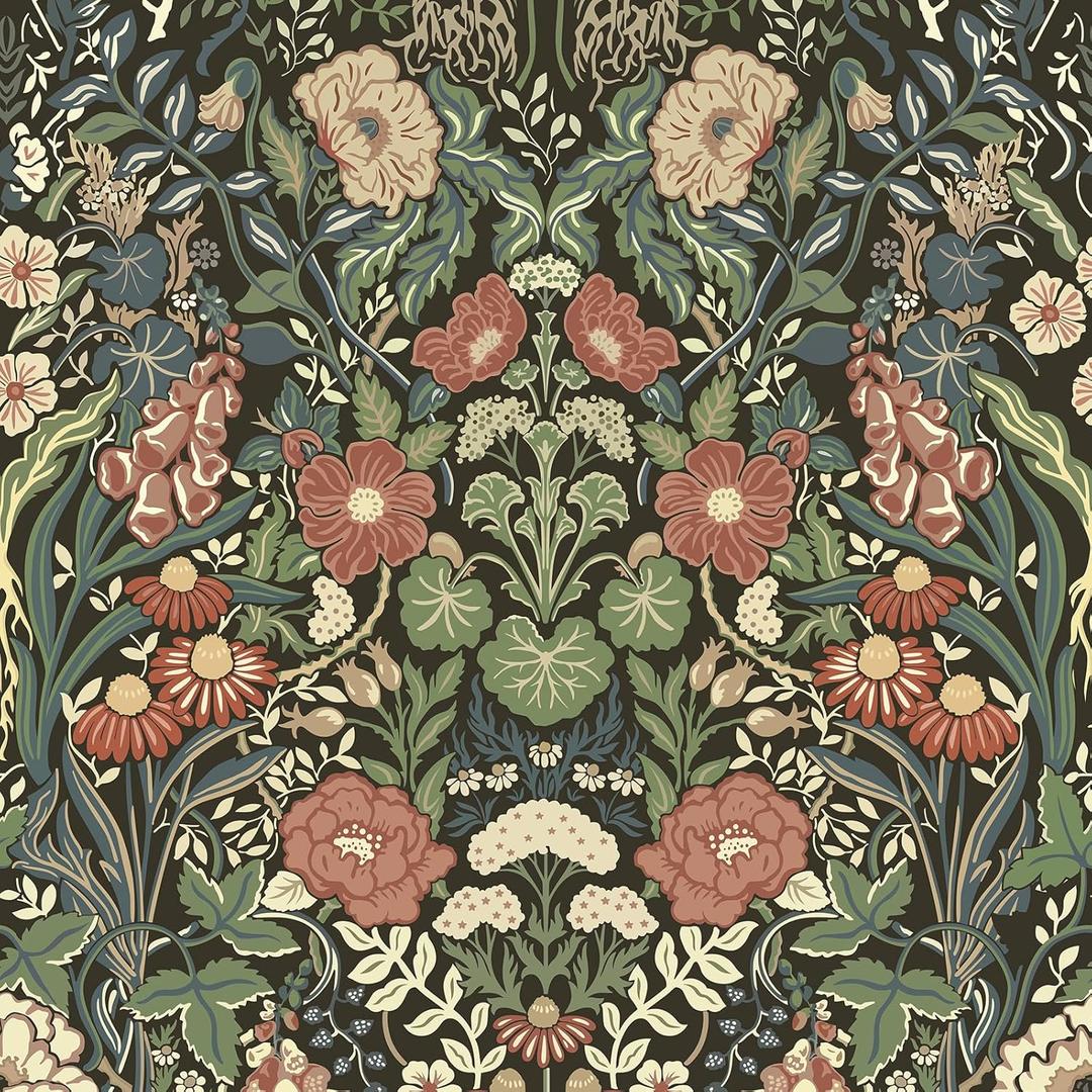 Vintage Wallpaper Peel and Stick Floral Wall Paper Removable Waterproof Green/Yellow/Black Contact Paper for Bedroom, Bathroom, Home Wall 17.3" x 393.7"