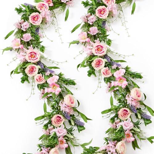 Giegxin 2 Pack 6 ft Artificial Flower Garland with Rose and Daisy Flower Pink Fake Wisteria Vines Summer Greenery Eucalyptus Garland for Wedding Mantle Porch Stair Table Indoor Decor