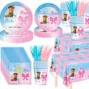 146Pcs Boots and Bows Gender Reveal Decorations Include Tableware-Plates-Napkins-Cups-Forks-Knives-Gender Reveal Tablecloth for Gender Reveal Decorations Serves 24