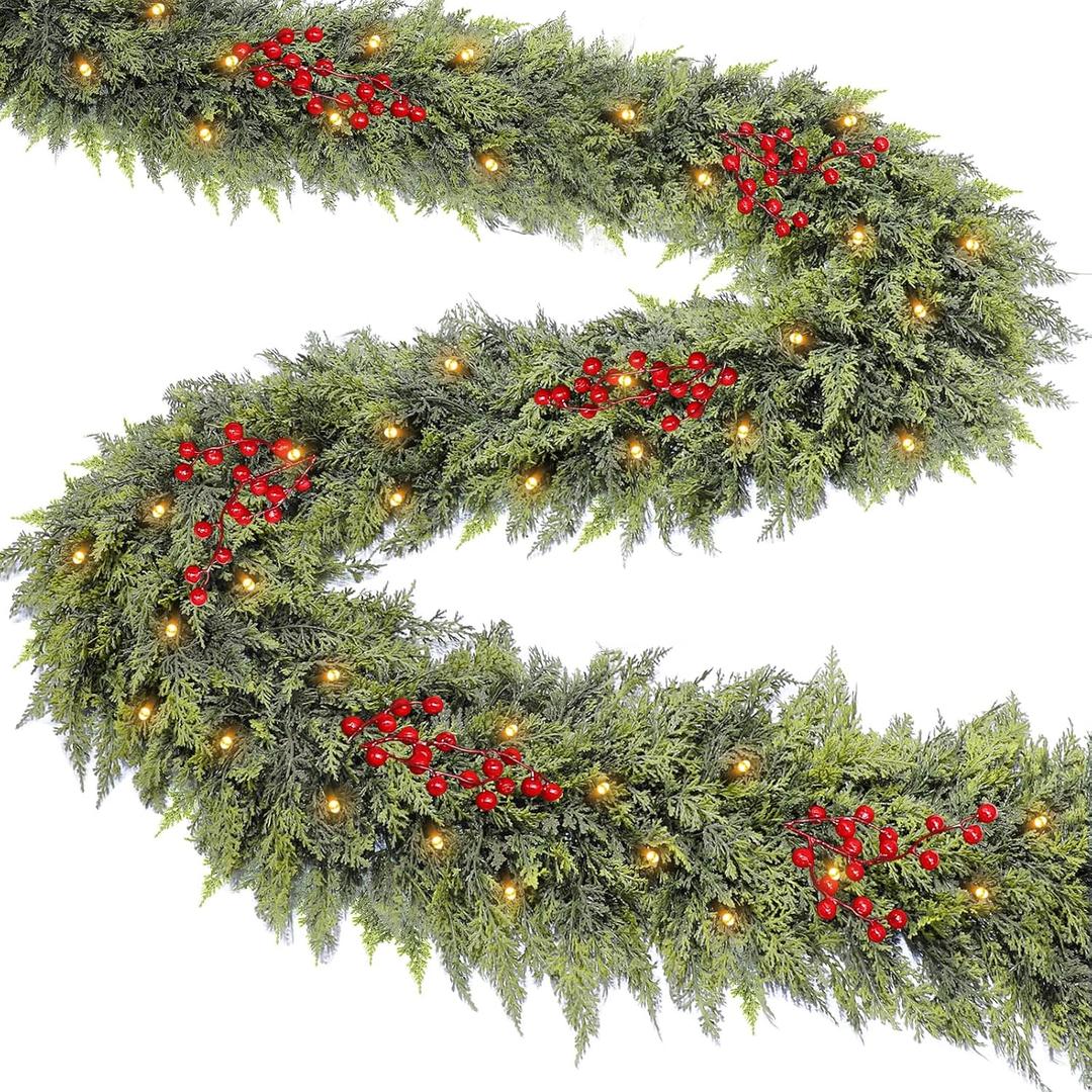 Timer & 50 LED - 9 Ft by 12 Inch Prelit Christmas Garland with Lights, Lighted Christmas Cedar Garland Realistic Soft Thickness Cypress Garlands Xmas Fireplace Mantle Table Doorframe Indoor Outdoor