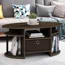 Furinno Jaya Oval Modern Rustic Brown Coffee Table with Side Shelves and Storage Bin, Side Table with Shelf, for Living Room, Bedroom, Home Office, Brown Walnut