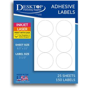 150 White 3 1/ 3" Round Large Circle Labels - 25 Sheets (6 Per Page) - for Inkjet & Laser Printers