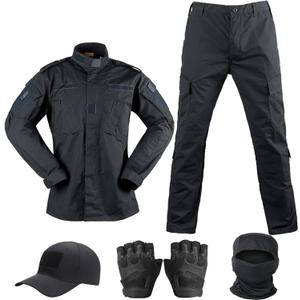 Tactical Suit,Combat Pants and Shirt,Cap Gloves Balaclava Set,Black Camo Uniform Men's Military Airsoft Gear (Medium, Bdu-bk)