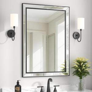 32X24 Inch Black Bathroom Mirror with Double Layer Beveled Edge, Framed Rectangular Vanity Wall Bathroom Mirrors for Over Sink, Bedroom, Living Room, and Hotel, Anti-Corrosion & Easy to Install