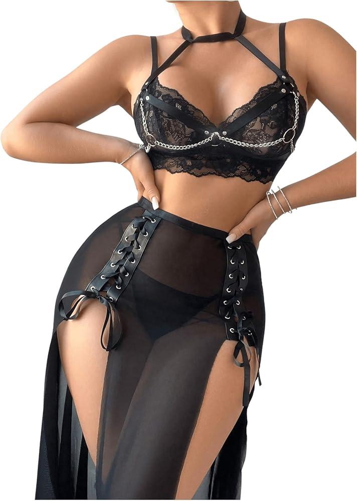 MakeMeChic Woman's 4 piece lingerie set SIZE SMALL ( Black )