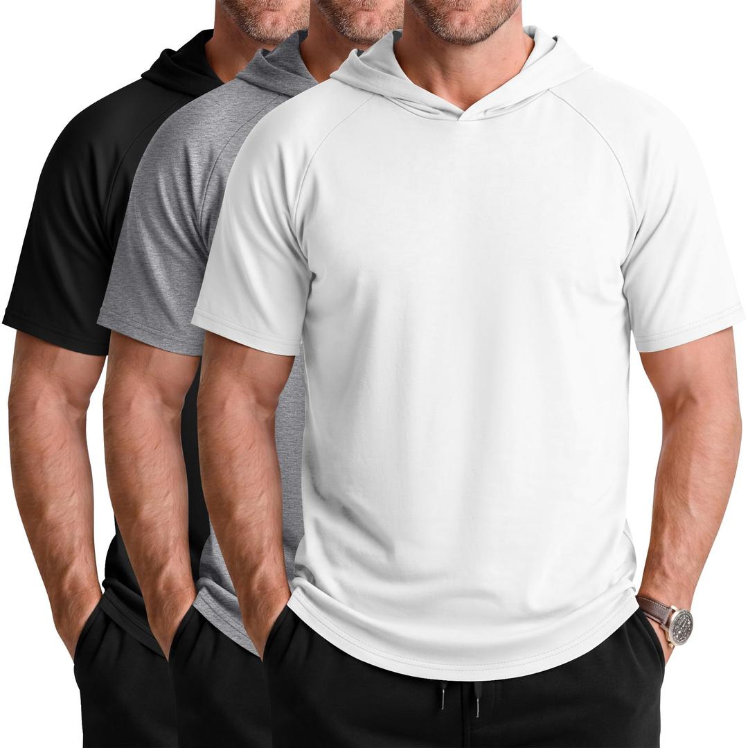 Neer 3 Pack Men's Short Sleeve Workout Hoodies, 3-Color, XX-Large (XXL)
