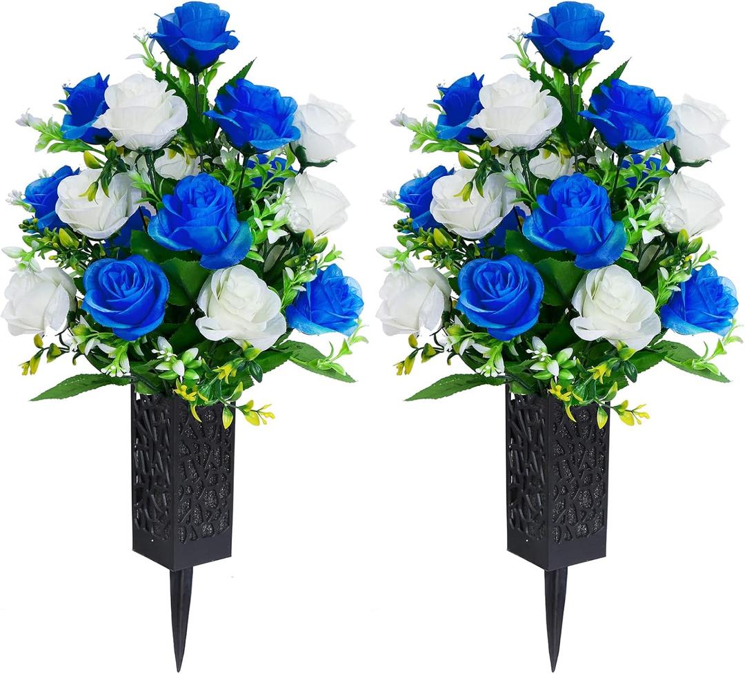 2 Sets Artificial Cemetery Flowers,Memorial Flowers,Beautiful Arrangements for Headstones,Black Plastic vase with Drainage Hole Long Spikes Outdoor Memorials(Dark Blue)