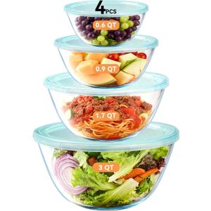 YUANYE 4 Pack Glass Mixing Bowls with Lids Set (3/1.7/0.9/0.6QT),Thick Glass Large Salad Bowl Set, Nesting Kitchen Bowls for Serving, Prepping, Cooking and Baking, Dishwasher, Oven,Microwave Safe