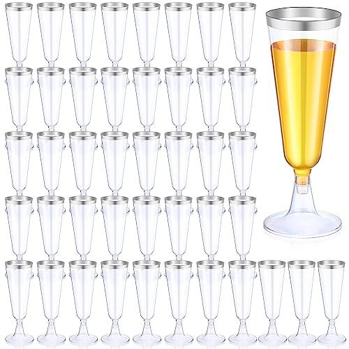 Thenshop 50 Pcs Plastic Champagne Flutes Disposable Champagne Glasses Bulk 5.5 oz Clear Mimosa Cocktail Cups with Rim Detachable Glasses for Wedding Party Birthday Anniversary(Silver, Clear)