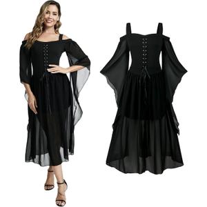 Women Renaissance Costumes Gothic Halloween Costume Cold Shoulder Butterfly Sleeve Lace Medieval Steampunk Dress