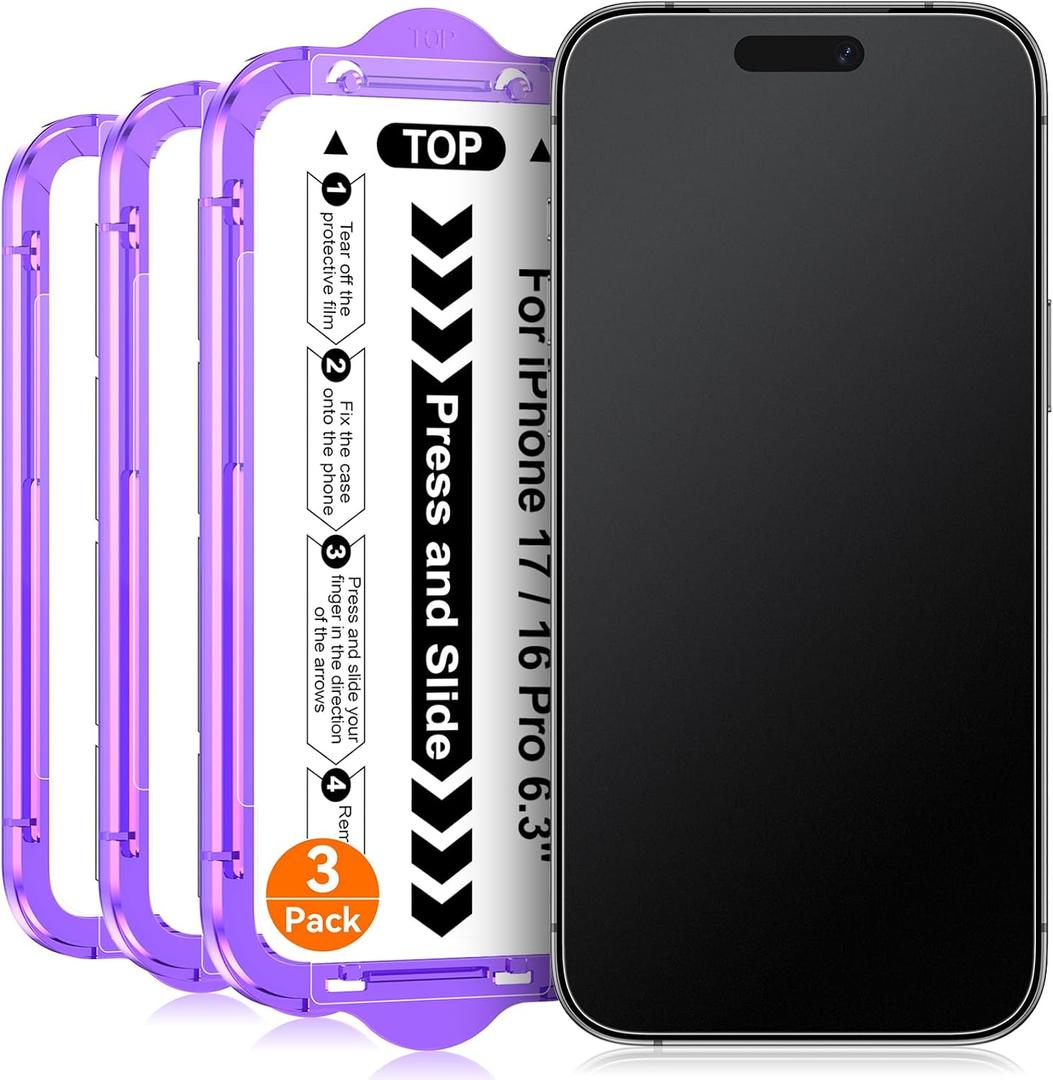 3 Pack for iPhone 17 / iPhone 16 Pro 6.3 inch Matte Glass Screen Protector, Auto Alignment Quick Fit Easy Installation, Anti Glare Anti Fingerprint Tempered Glass, Smooth Touch, Case Friendly