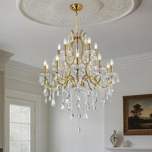 French Country Brass Gold Crystal Chandelier 2 Tier Dia31.5, 15-Lights Gold