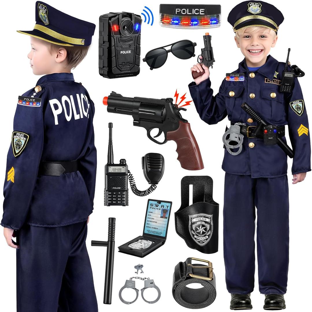 Tepsmigo Police Costume for Kids, Police Uniform for Kids with Police Uniform, Recorder, Shoulder Police Lights, Halloween Costume for Boys Girls, Role Play Kit for Boys Girls (Medium-(5-7 Year))