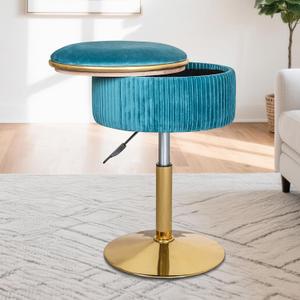 Adjustable Vanity Stool for Makeup Room, 360 Swivel Gold Vanity Chair, Round Storage Ottoman Footrest for Living Room Bedroom, Blue (13 inches)