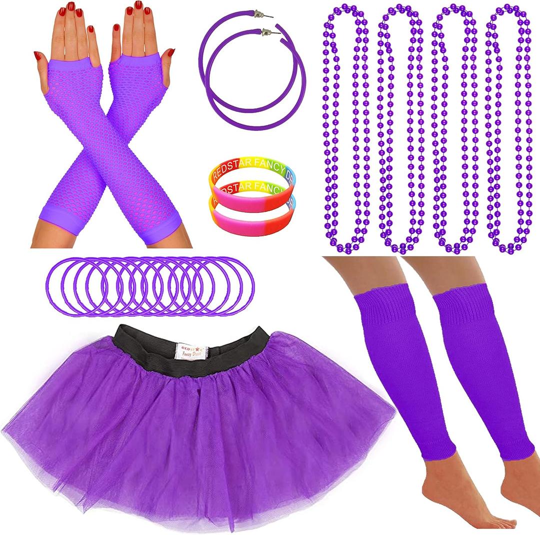 80s Fancy Dress Neon Accessories Tutu Party Costume, Adult Leg Warmers, Fishnet Gloves, 1980s Style Necklace Beads (Purple)