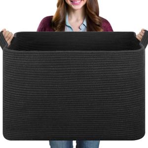108L Extra Large Blanket Basket, 24.8" x 16.2" x 16.2" Rectangle Woven Storage Baskets for Living Room, Nursery, Bedroom, Toy Basket with Handle (Black)