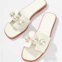 Verdusa Women's Flat Sandals Pearl Sandals Square Toe Summer Slip On Flat Shoes (White)