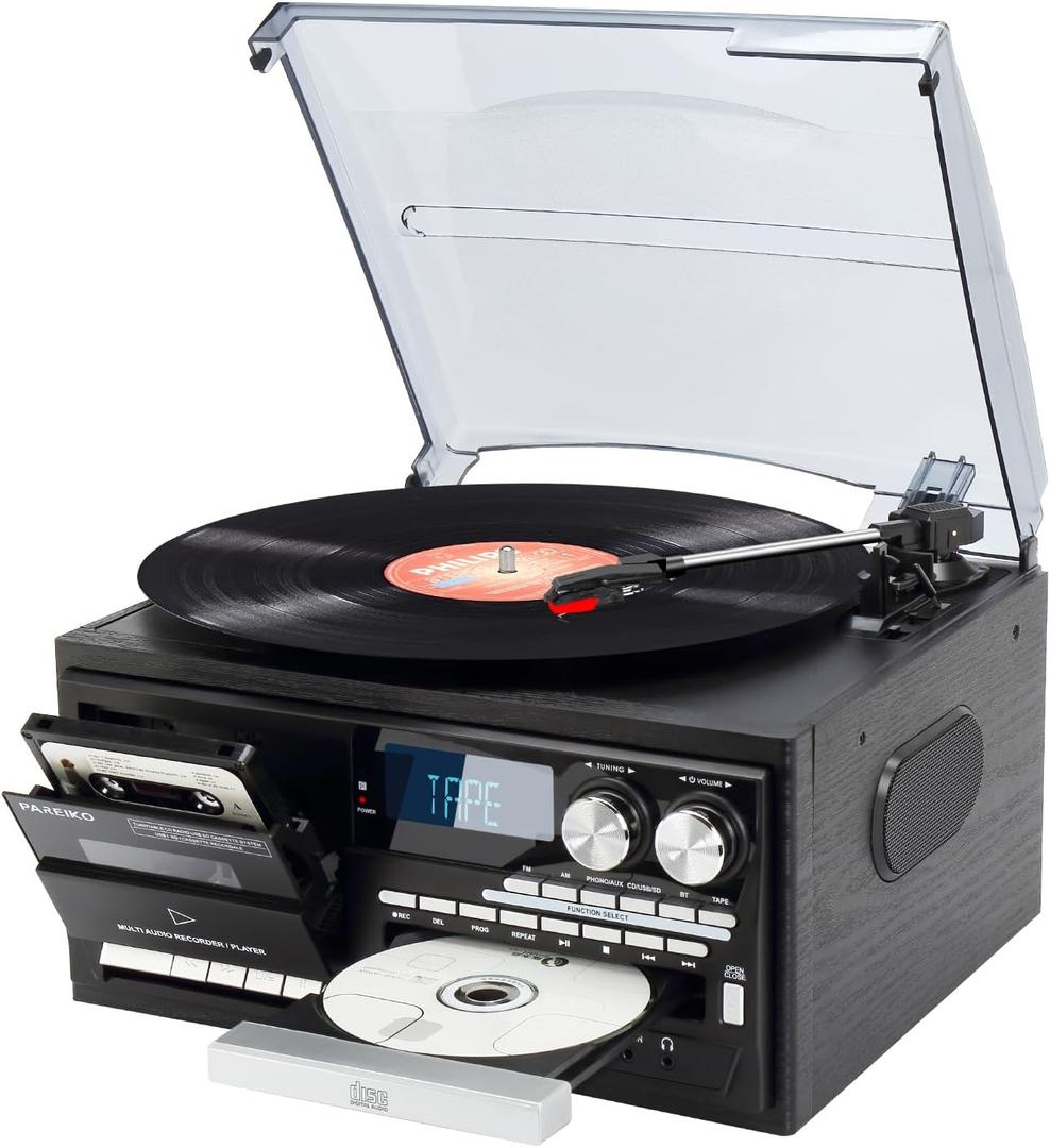 Record Player 9 in 1 Vintage Bluetooth Turntable for Entertainment, 3 Speed Vinyl Record Player with CD Cassette USB SD, AM FM Radio, Built in Speakers, RCA Output, Headphone Jack Remote Control