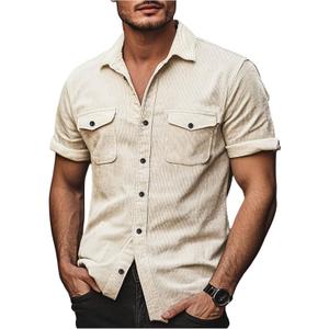 VIPWOLF Men's Corduroy Shirts Button Down Short Sleeve Dual Pockets Work Travel Shirt Top (S)