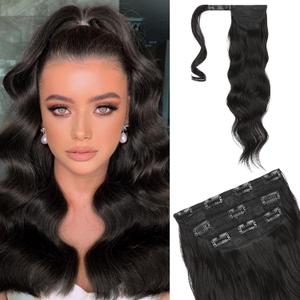Flufymooz 4PCS Half Up Half Down Ponytail Extension Set, Fake Ponytail Soft Synthetic Hairpiece for Women, Long Thick Clip in Hair Extensions Wavy Fuller High Wrap Around (Black Brown 22In) (22 Inch(4PC))