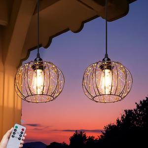 Battery Operated Hanging Outdoor Chandelier, Battery Operated Gazebo Pendant Light Outdoor Waterproof, No Wiring, Powered by 4 AA Batteries, for Gazebo, Porch, Pergola, Decor Lighting (2)