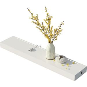 48'' White Floating Shelves, 10'' Deep, 3'' Thick, High Gloss Wall Mounted Shelves with Lights, Ideal for Living Room Display, Bedroom Nightstand, Office Storage, Kitchen Decor, or Under TV (47.84in W x 9.85in D x 3.15in H)