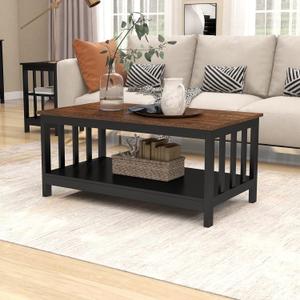 ChooChoo Farmhouse Coffee Table, Black Living Room Table with Shelf, 40 Inch, 22"d X 39.9"w X 18.1"h