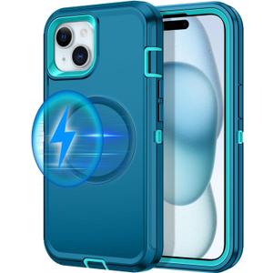 for iPhone 13/14/15 Case [MagSafe Compatible] Shockproof 3-Layer Full Body Protection Rugged Heavy Duty Cover Case - Turquoise