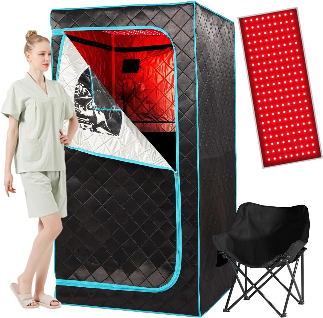 Portable Infrared Sauna for 1 Person, Red Light Therapy Full Size Home Sauna Box with Premium Dry Heating, Remote Temperature Control, Heated Foot Pad & Reinforced Folding Chair