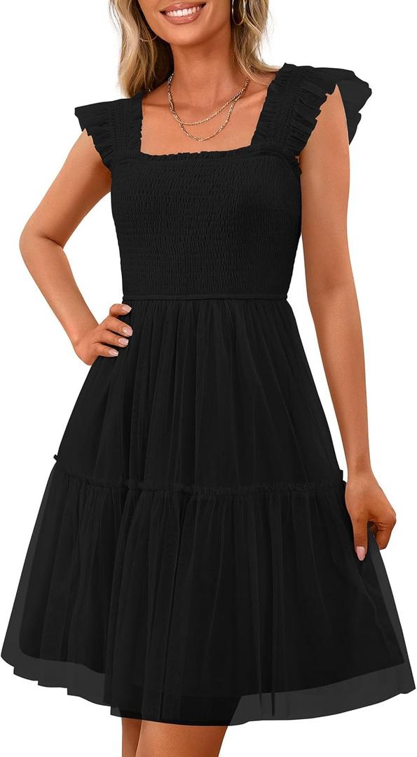 PRETTYGARDEN Womens 2025 Trendy Mini Summer Dresses Sleeveless Tulle Ruffle Square Neck Tiered Smocked Beach Vacation Dress (Black, S)
