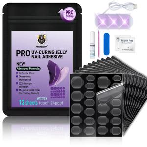 PRO UV Jelly Nail Adhesive Tabs Glue Stickers (288pcs), 32X Stronger Adhesion Waterproof Super Sticky Long Lasting Large UV Nail Glue for Press On Nails, 12 Size Easy Remove