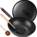 Carbon Steel Wok Pan - 13" Wok Pan with Lid, Woks & Stir-Fry Pans Nonstick with Spatula & Brush, Chinese Wok Flat Bottom Wok for Induction, Electric, Gas, All Stoves