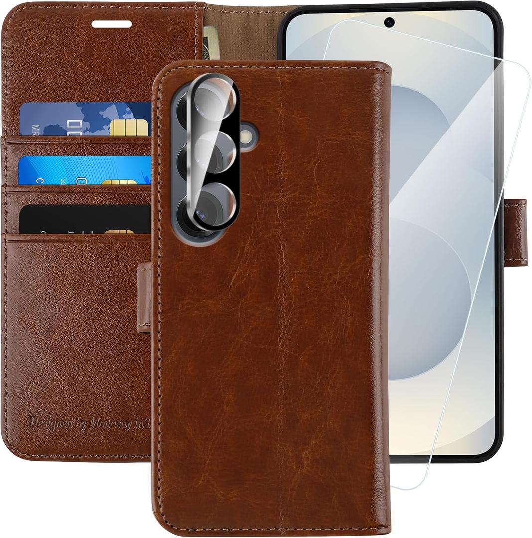 MONASAY Wallet Case Fit for Samsung Galaxy S25 5G, [Lens & Glass Screen Protector Included] [RFID Blocking] Flip Folio Leather Cell Phone Cover with Credit Card Holder, 6.2 inch, Brown