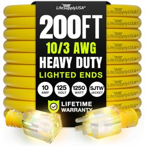 200ft Outdoor/Indoor Extension Cord 10/3 Gauge Ultra Heavy Duty 3 Prong SJTW, Waterproof, Flexible Cold-Resistant Long Power Cord,10A 125V 1250W, Yellow by LifeSupplyUSA