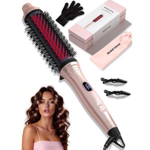 Infrared Thermal Brush 1.65”, 100M Negative Ions 2-in-1 Curling, Straightening & Smoothing Round Brush, 6 Heat Settings with LED Display, Lightweight Quiet, Dual Voltage, Auto Shut-Off, Pink Gift Box