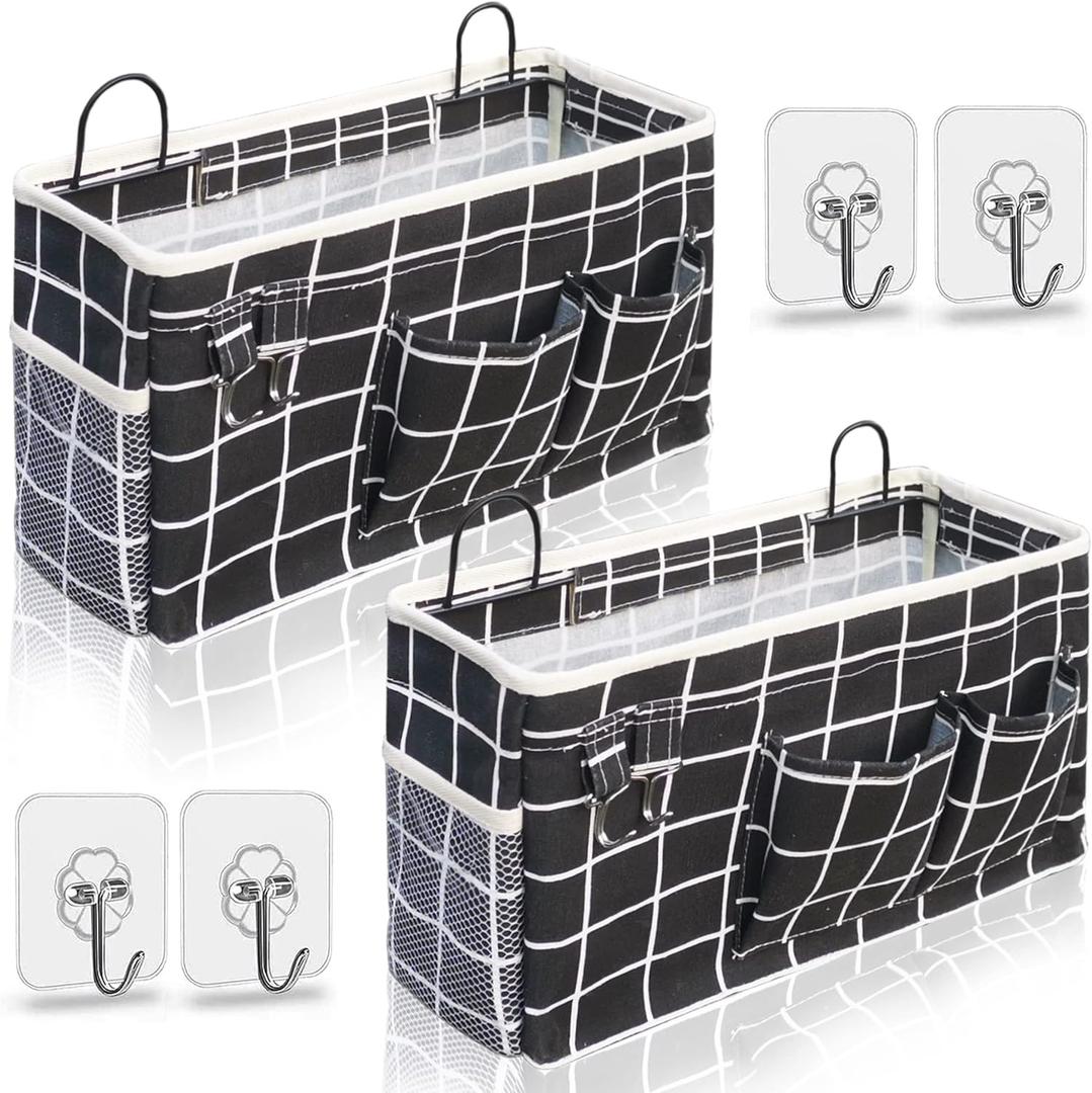 2pcs Large Wall Hanging Organizer Bag, Linen Fabric Door Hanging Storage Baskets with Pockets, Waterproof Bin for Kitchen, Bedroom, Office, RV Camper (Black)