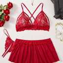Plus Size 3-Piece Lingerie Babydoll for Women Lace Chemise Sleepwear (Red, XL)